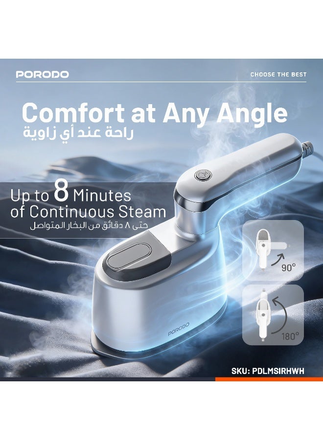 porodo Compact Portable Steam & Heat Iron with Rotating Handle for travel with 120ml Water Tank Capacity/ Ceramic Soleplate / Handheld Steam / Flat Iron Dry & Wet / Garment Steamer 1100W - White - Image 3